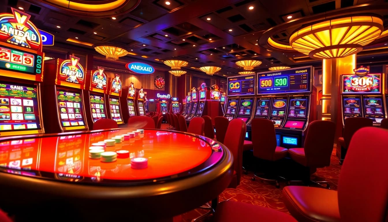 Adegan kasino yang dinamis menampilkan mesin slot ANEKA4D dengan warna-warna cerah dan seorang pemain meraih kemenangan besar.
