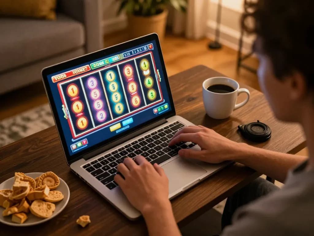 Engaging online slots gameplay at home, showcasing lc88 gaming experience on a laptop