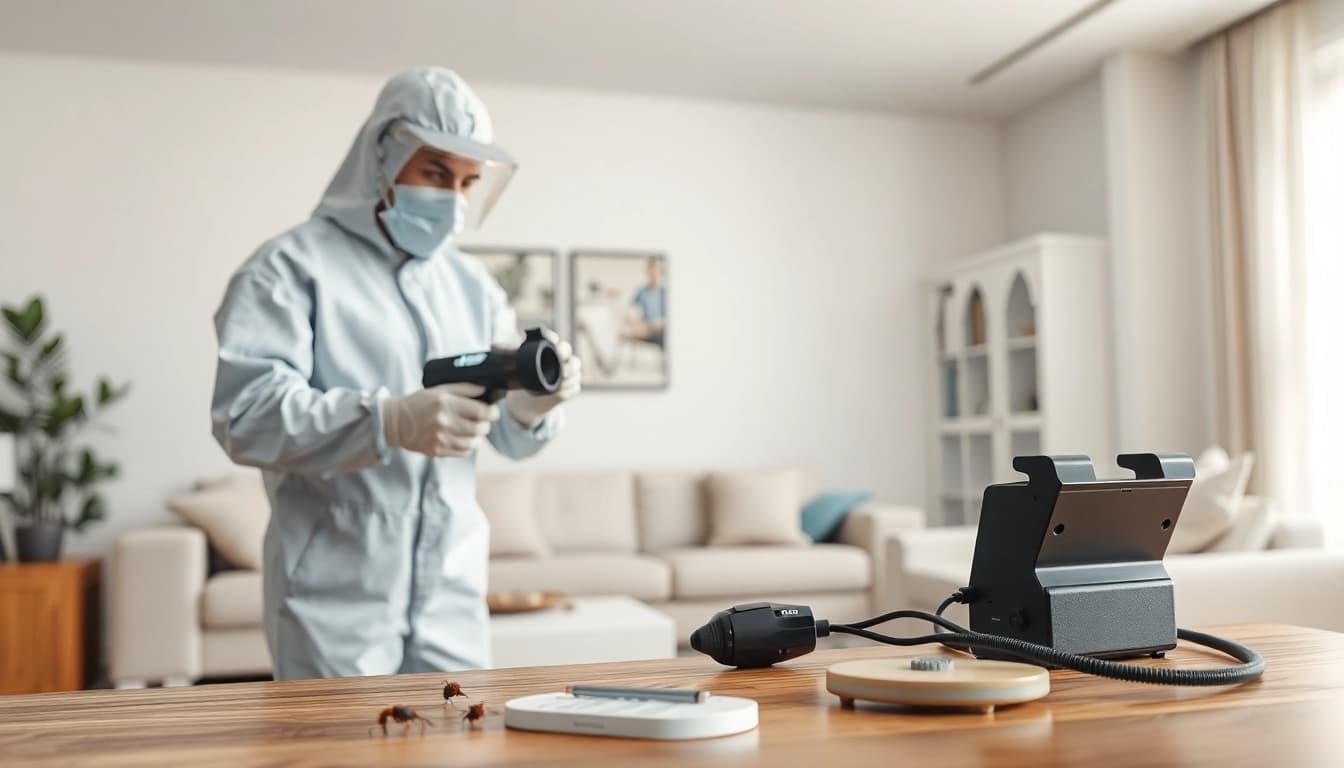 Bed bug exterminator treating a room with specialized equipment and safety gear.
