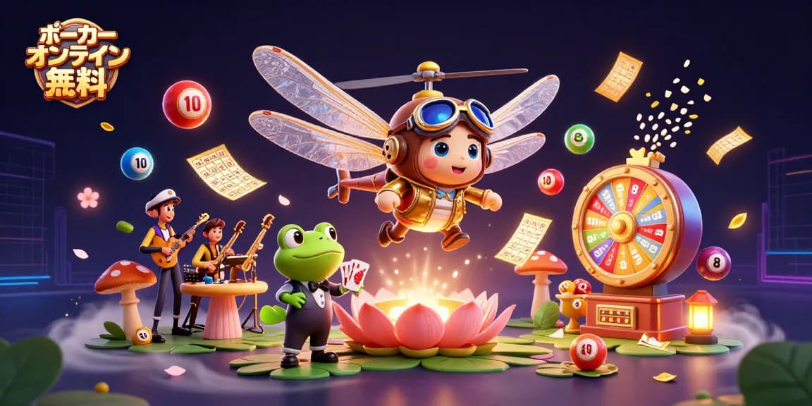 ポーカーオンライン無料のシーンを描いた3Dイラスト、蛙のクルーピエ、蝶のヘリコプターが特徴