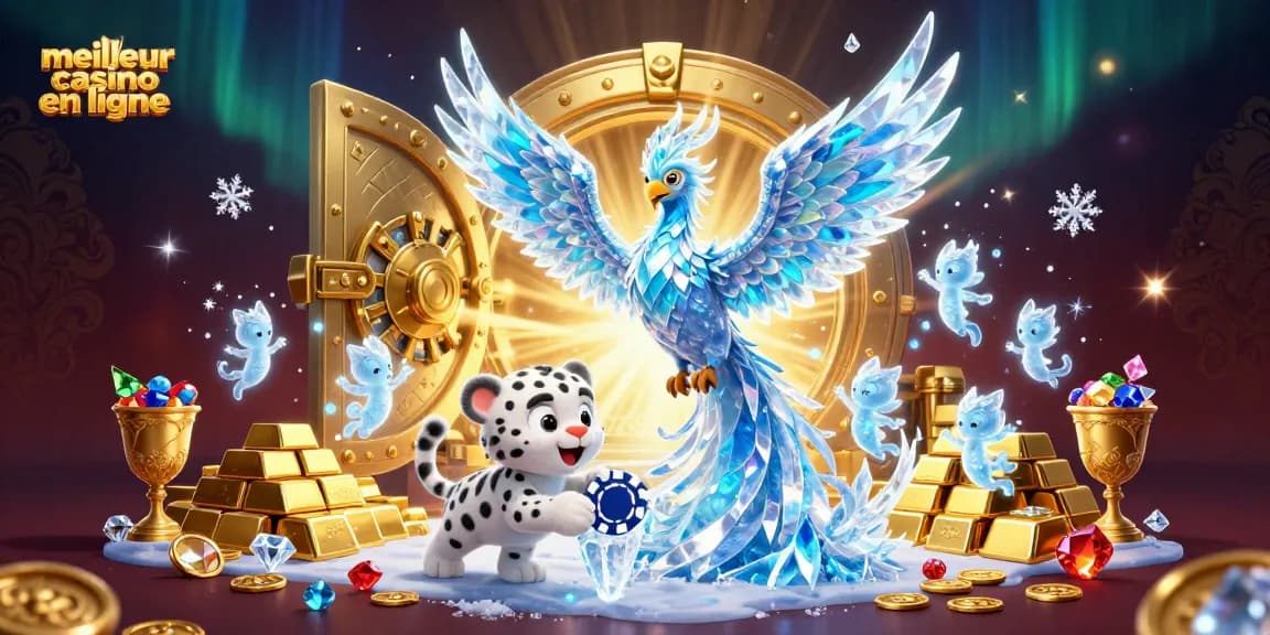 Jouez au meilleur casino en ligne avec une illustration captivante d'un phénix de glace et un léopard des neiges.