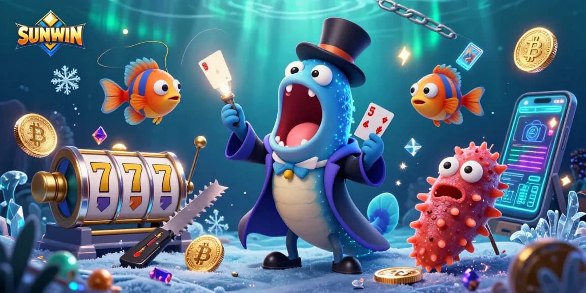 SUNWIN thrills players with a vibrant 3D illustration showcasing casino elements like slot reels and crypto coins.