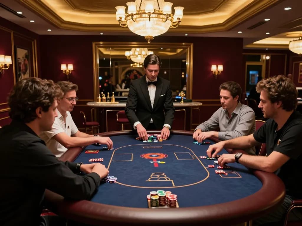 Experience high-stakes poker at five 88's luxurious VIP table in a vibrant casino environment.