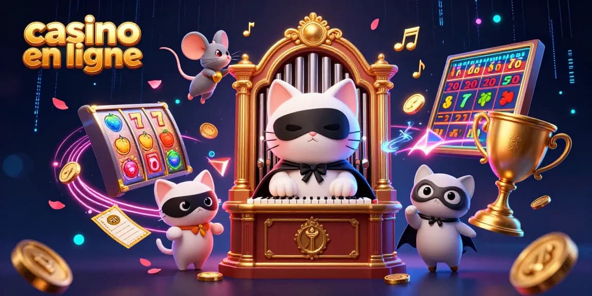 Jouez et gagnez avec la magie du casino en ligne, illustré par un chat masqué au piano et des éléments ludiques.