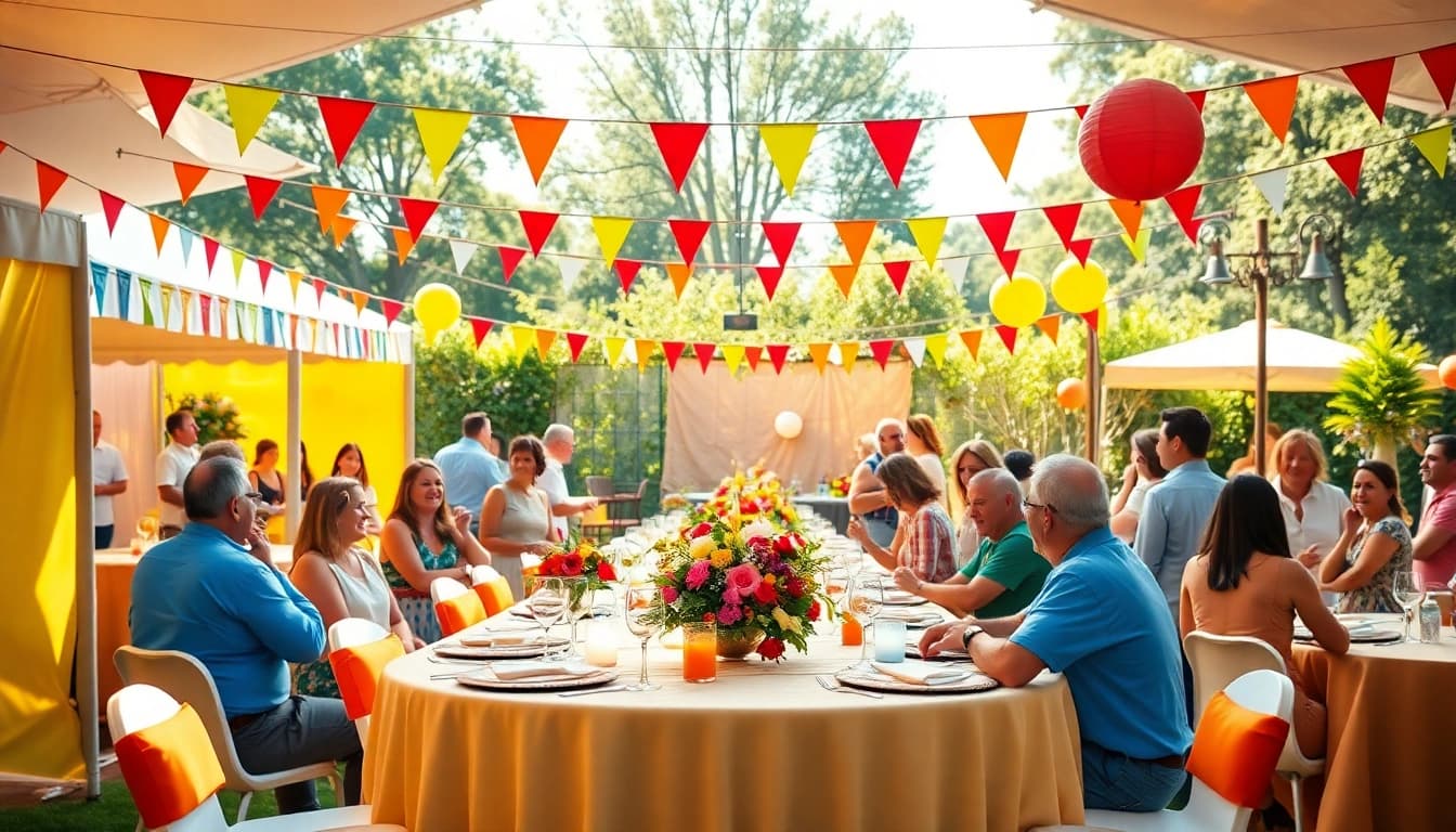 Party Rentals Near Me showcased in a lively outdoor setup with vibrant decorations and happy guests.