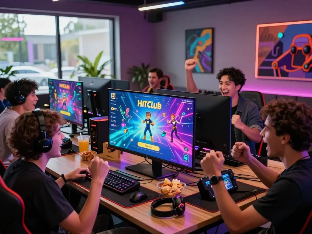 Friends enjoying gaming excitement at Hitclub app launch party.