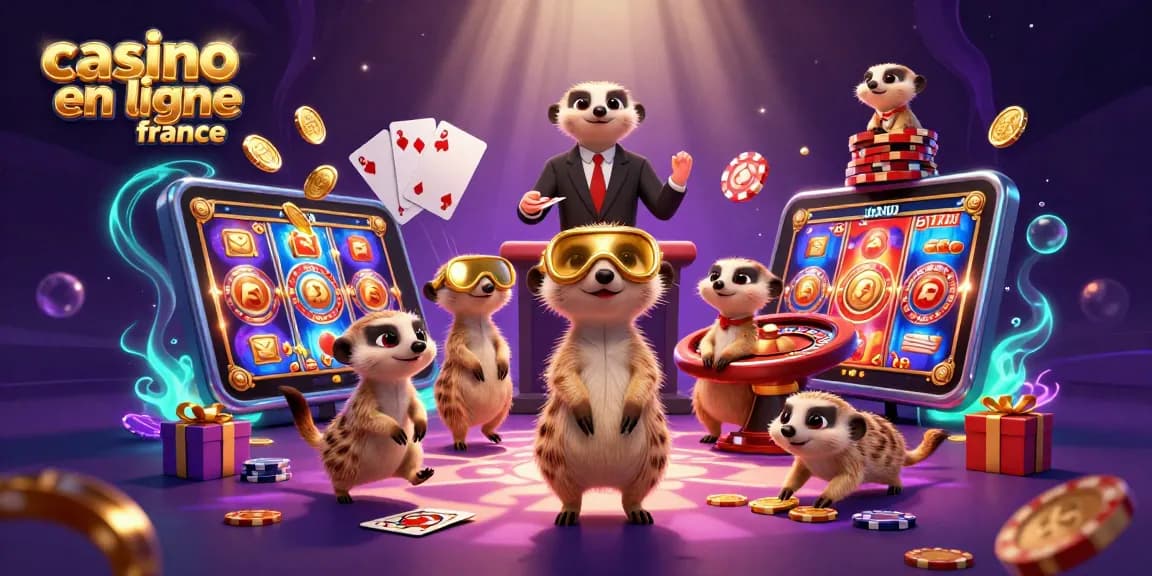 Animation de suricates dans un casino en ligne France avec des jeux et des jetons colorés