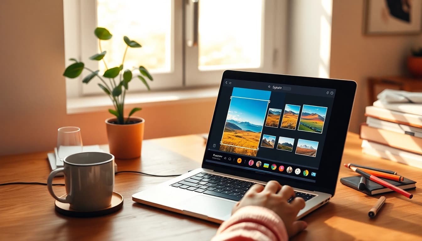 Make image square effortlessly in a creative workspace with an online tool on a laptop.