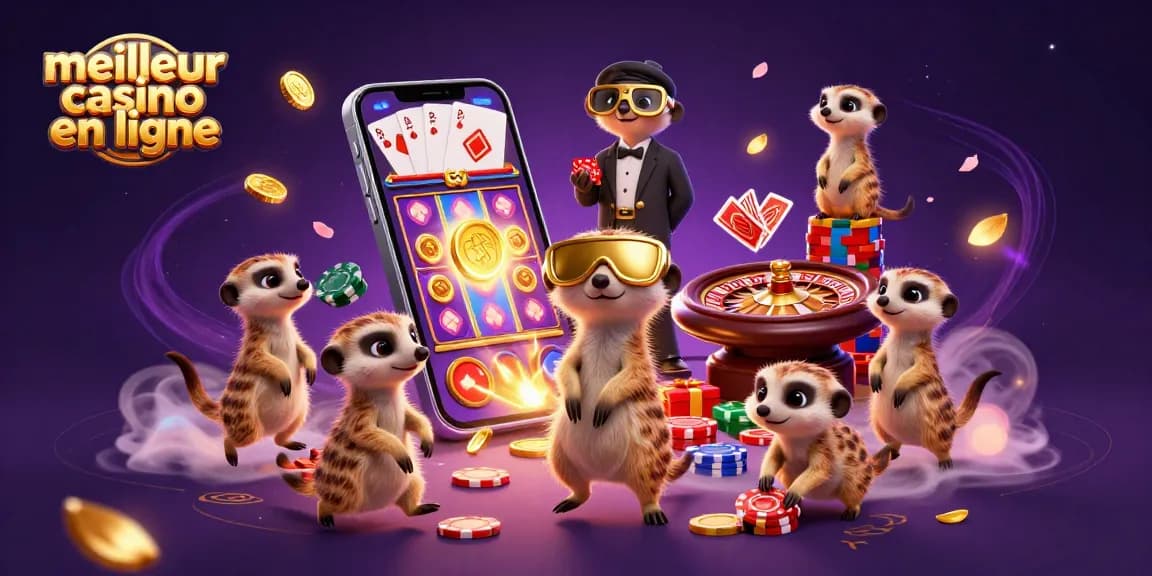 Les meerkats gèrent le meilleur casino en ligne, entourés de jeux et de jetons colorés.