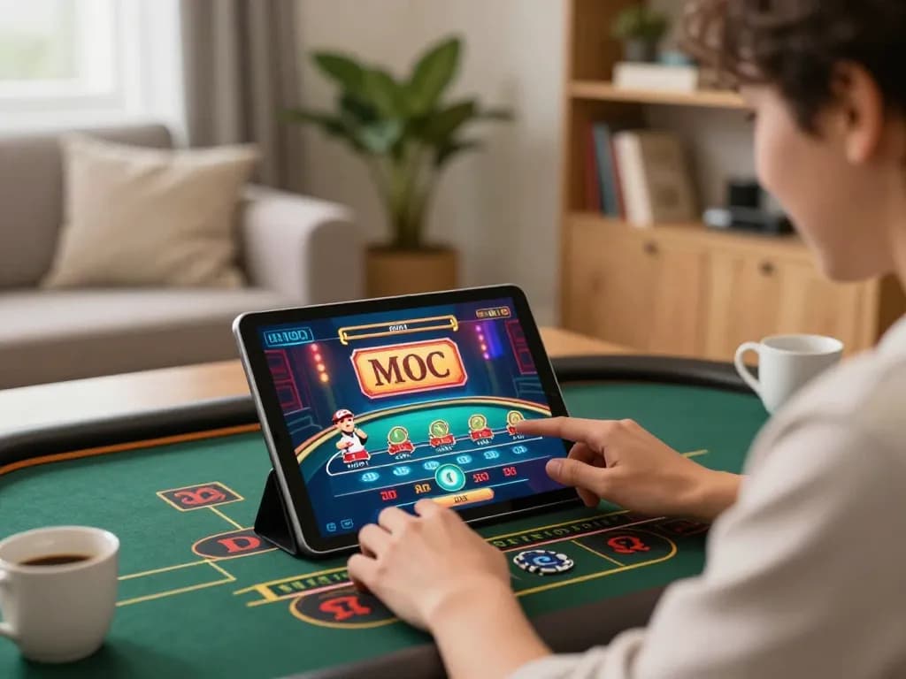 Engaging in baccarat gameplay on xx88 platform using a tablet in a cozy home setting.