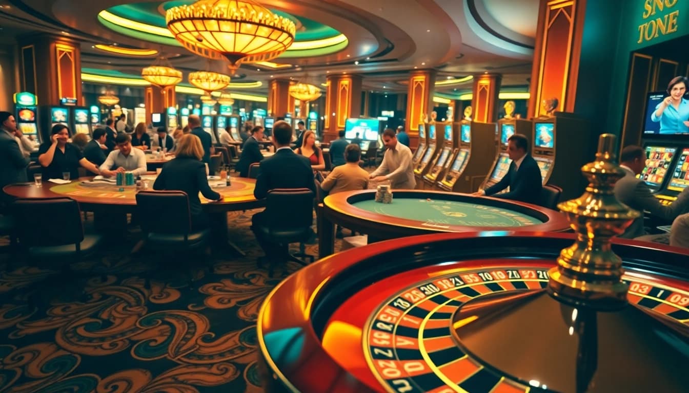 Atmosphère passionnante de casino en ligne avec des joueurs engagés aux tables de jeu et des machines à sous vibrantes.