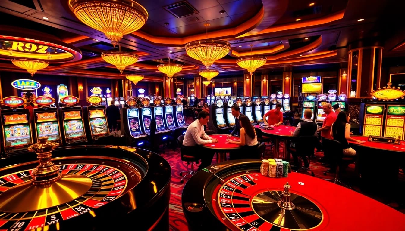 Engaging scene at b52 club with players strategizing at poker tables and enjoying casino games.