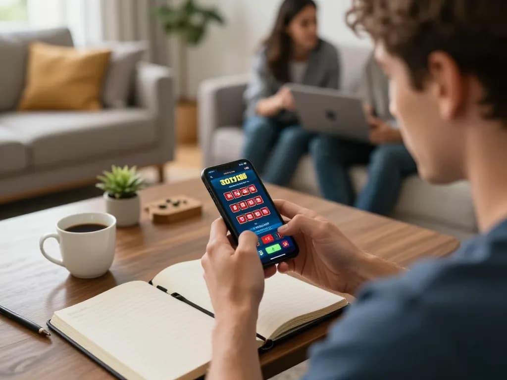 Player enjoying loto188 gaming on smartphone in a cozy living room while strategizing.