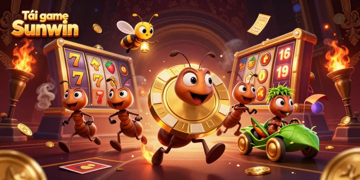 Tải game Sunwin with a heist scene of ants carrying a giant poker chip in a vibrant casino world