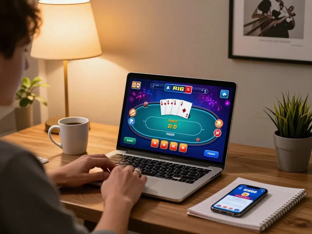 SIPL88 online gaming session with laptop showing poker action and strategic notes.