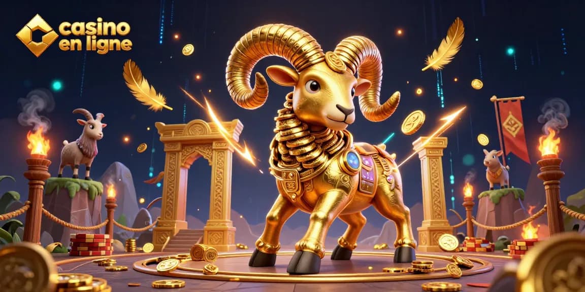 Une illustration 3D captivante mettant en scène un casino en ligne avec un bélier doré et des éléments de jeux de casino.