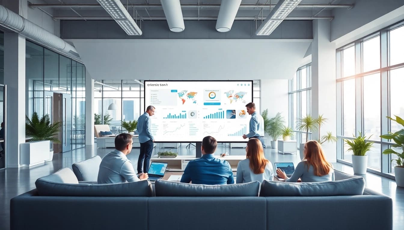 Visualize enterprise search software used by professionals in a modern collaborative workspace.