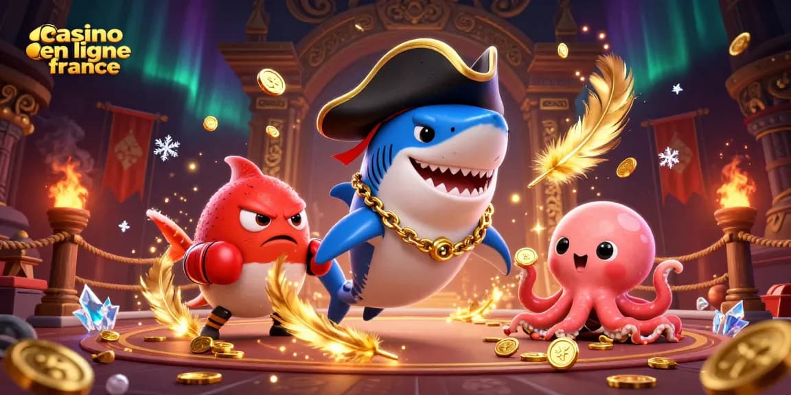 Illustration dynamique représentant des personnages du casino en ligne France avec une ambiance festive et des éléments de jeu.