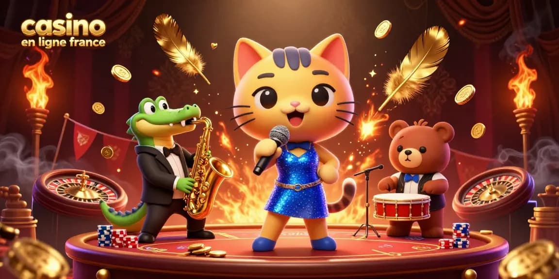 Illustration d'une scène de casino avec un chat chanteur, un crocodile musicien et un ours dans un cadre festif au "casino en ligne france".