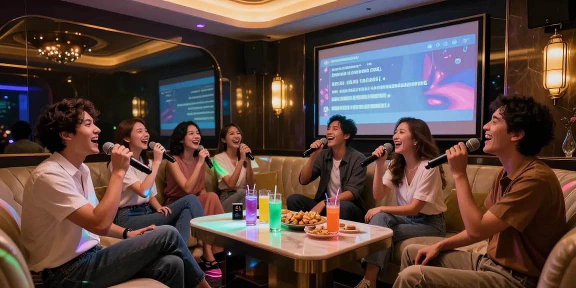 강남 가라오케에서 친구들과 즐거운 시간을 보내는 모습, 화려한 조명과 고급스러운 인테리어가 돋보임