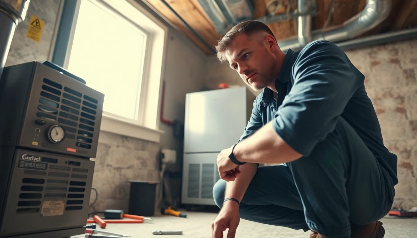 Technician handles heating repair in Patterson NY, showcasing expert maintenance and a clean workspace.