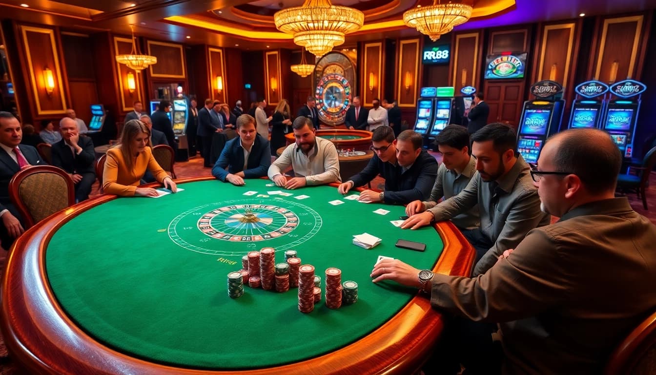 RR88 players enjoying a high-stakes poker game in a luxurious casino setting.