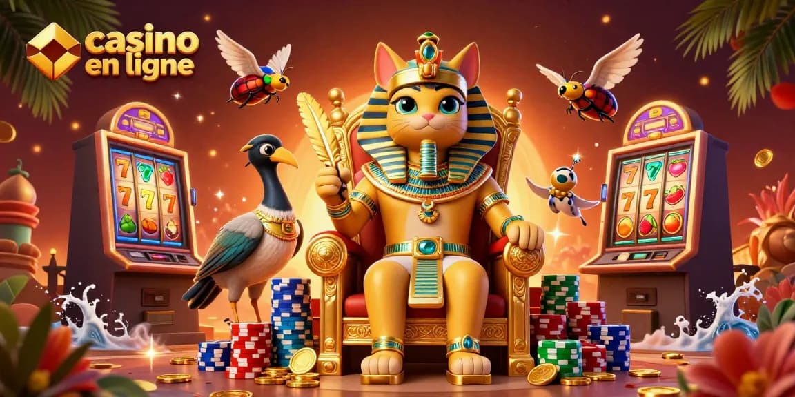 Illustration dynamique de casino en ligne avec un chat pharaon et des machines à sous.