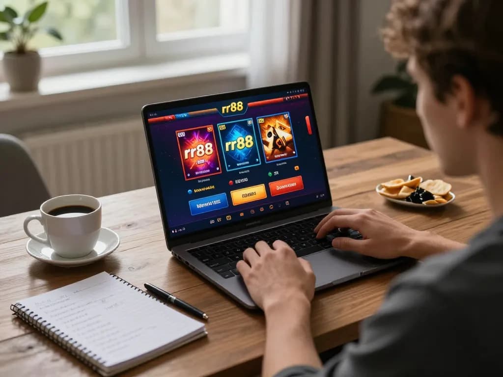 Engaged player using rr88 on a laptop at home, focusing on online casino gameplay.