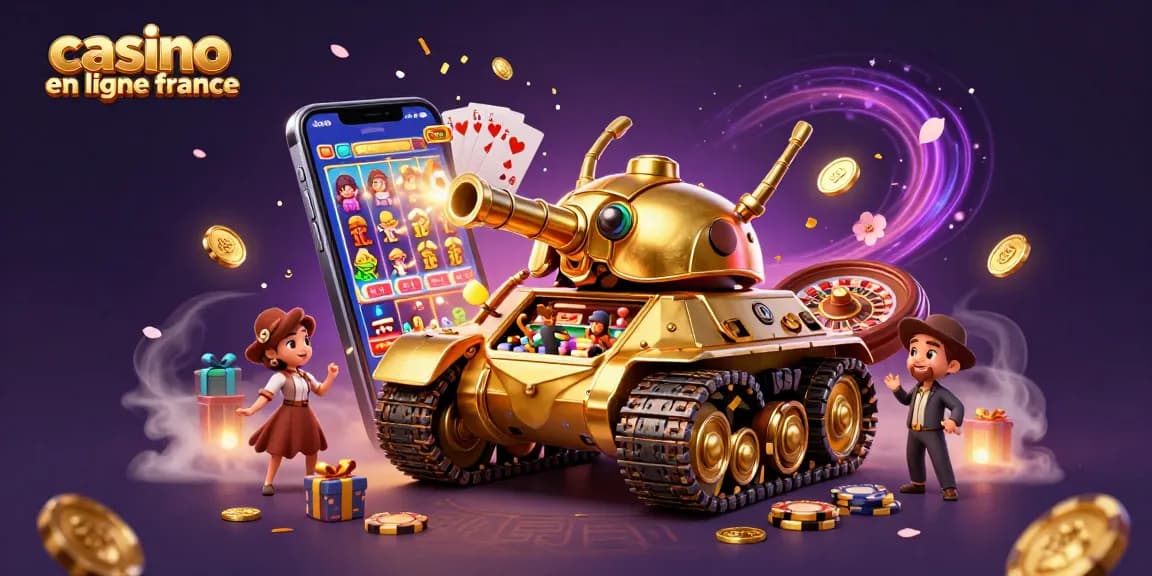 Plongez dans l'univers vibrant du casino en ligne France avec un tank en or rempli de jeux de casino miniatures.