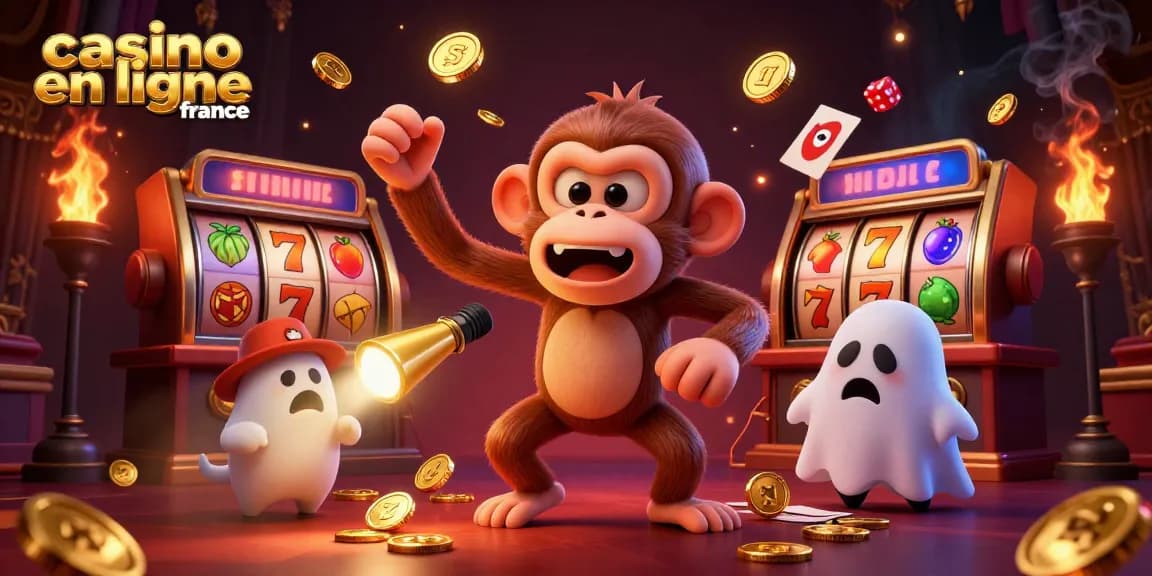 Action dynamique dans un casino en ligne France avec un singe farceur et un chiot chasseur de fantômes.