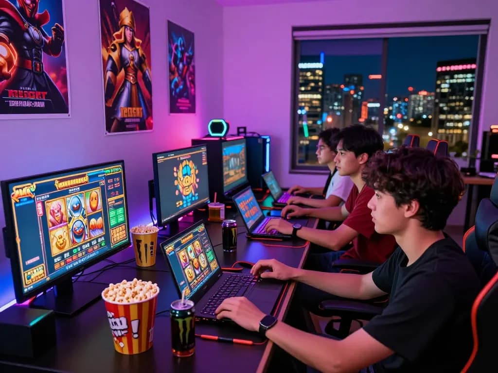 Friends enjoying an exciting session of slot gacor games with vibrant displays and snacks