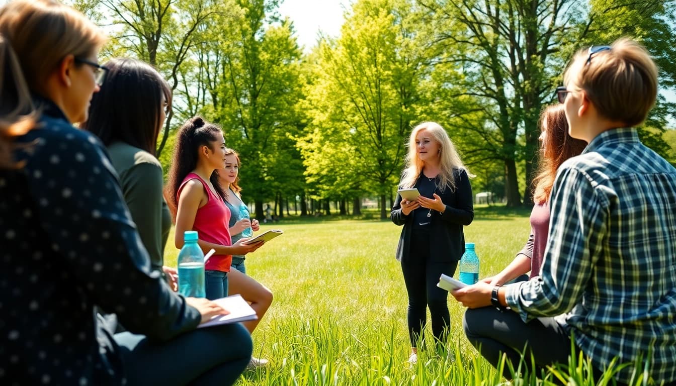 Engaged audience learning from a wellness coach at https://lifeak.com/ in a serene outdoor setting.
