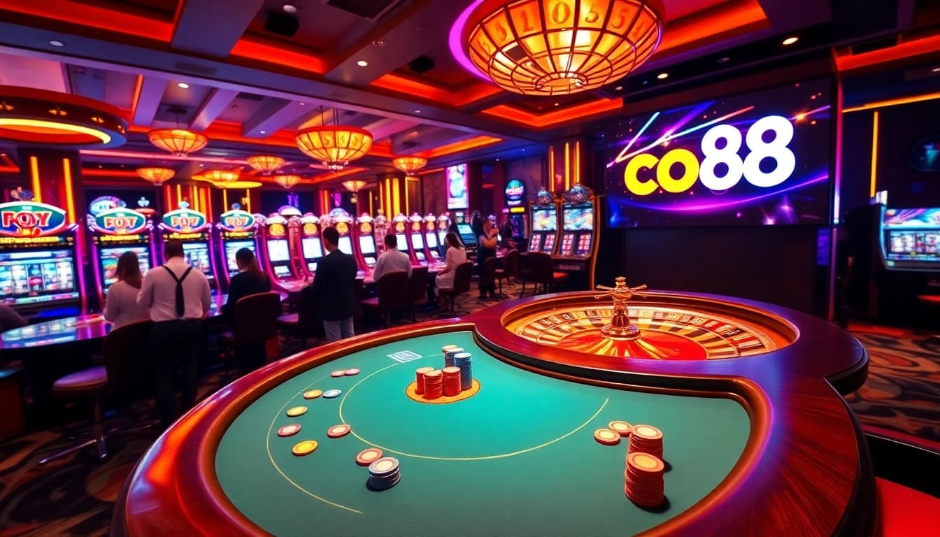 Experience co88 excitement at a vibrant casino table with poker chips and cards.