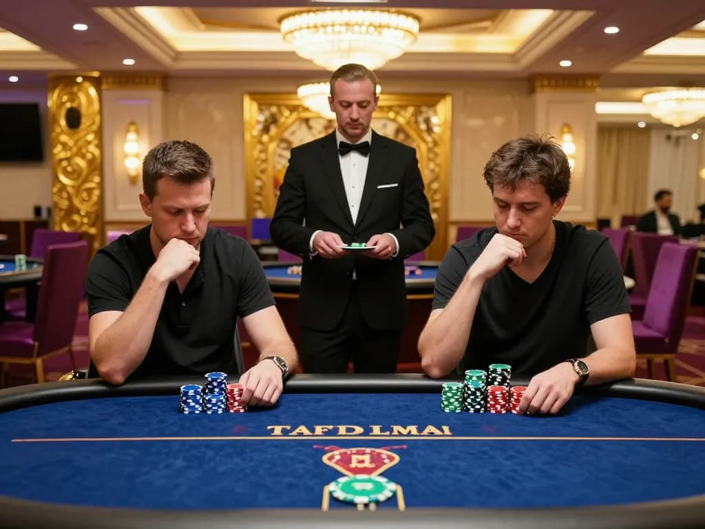 Engaged poker gameplay at ONE88.COM casino, showcasing players in a luxurious setting.