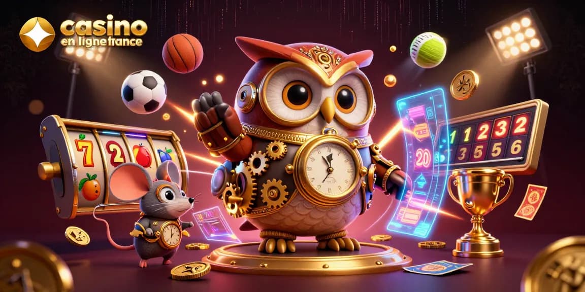 Visualisez le casino en ligne France avec une scène animée de hibou et de souris, jouant aux machines à sous.