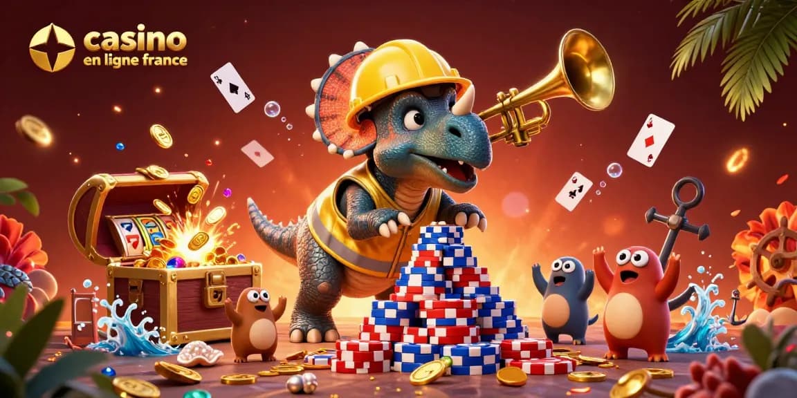 Illustration animée représentant l'univers des jeux de casino en ligne France avec un triceratops et des éléments riches.