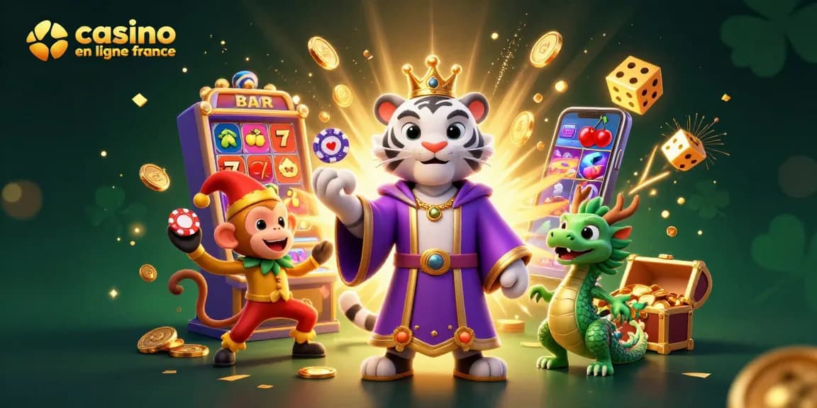 Vivez l'excitation du casino en ligne France avec un tigre en robe royale et un singe jongleur de jetons.
