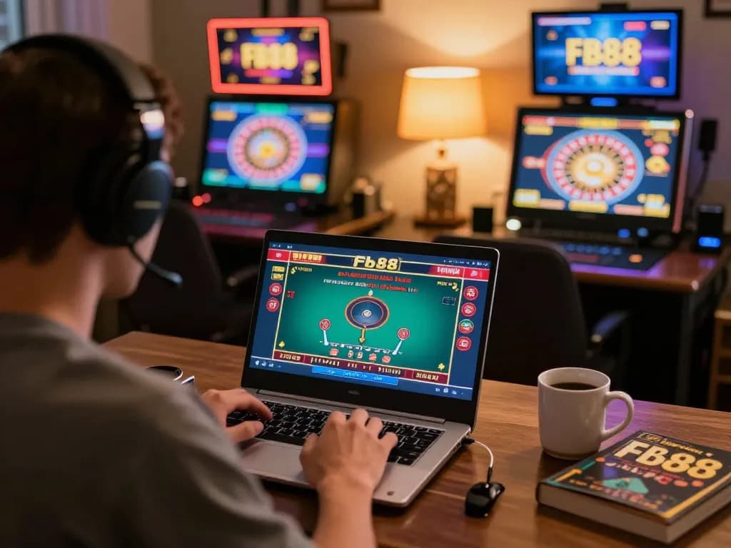 Engaging moment of a player immersed in fb88's live dealer blackjack game at home, highlighting strategic gameplay.