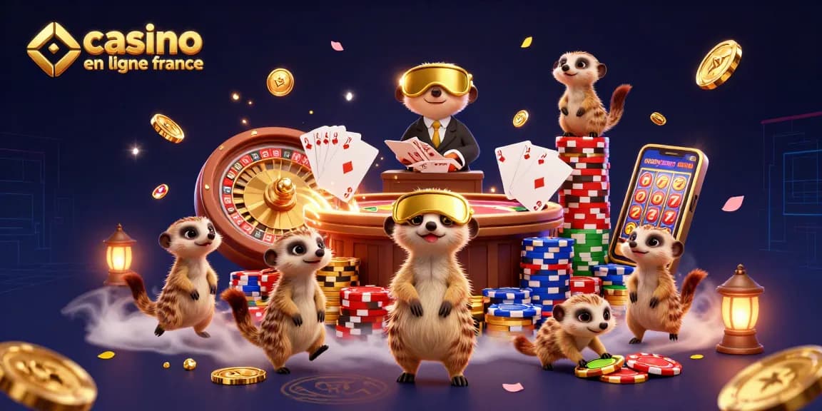 Illustration dynamique de casino en ligne France avec des suricates, jetons et pièces d'or.