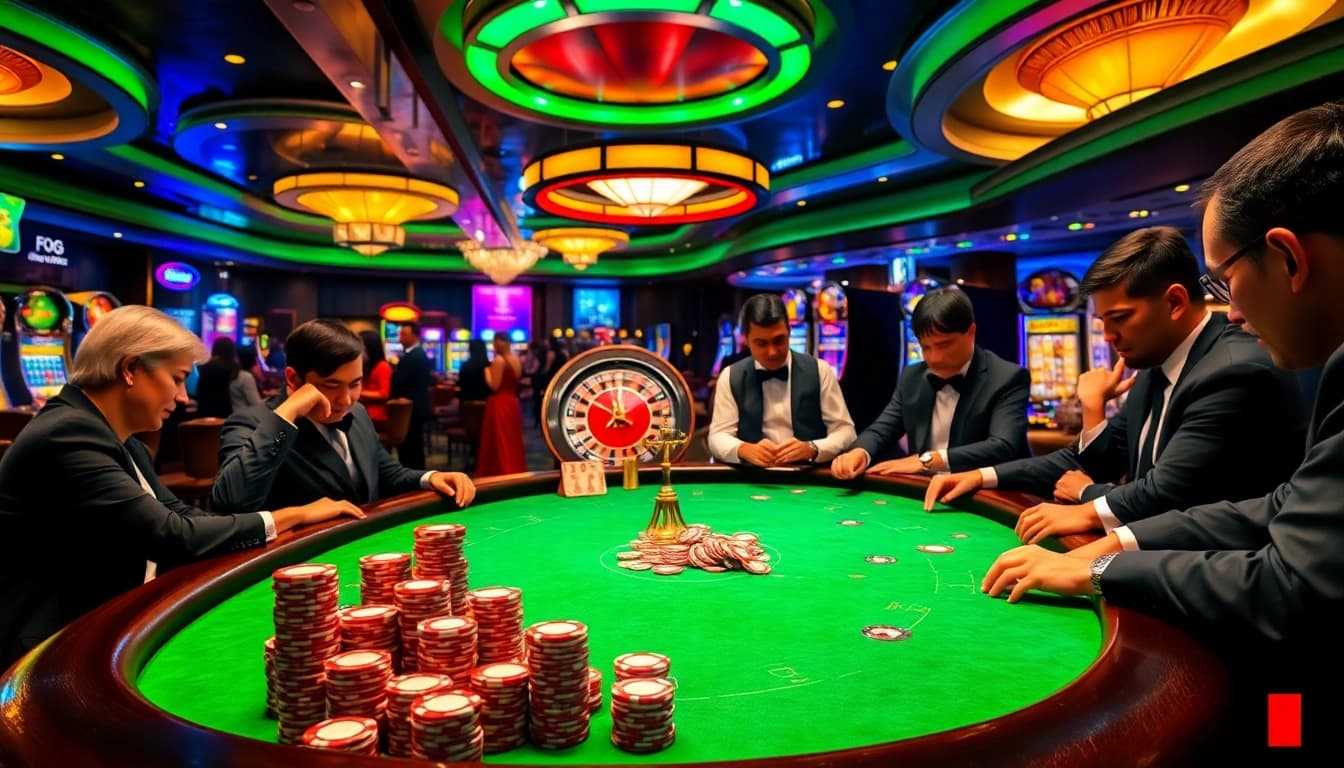 Sbobet enthusiasts strategizing their next big win at an upscale casino poker table.