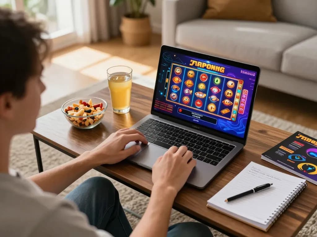 Engaging in a Jepang slot game from a cozy home setup, showcasing responsible gambling practices.
