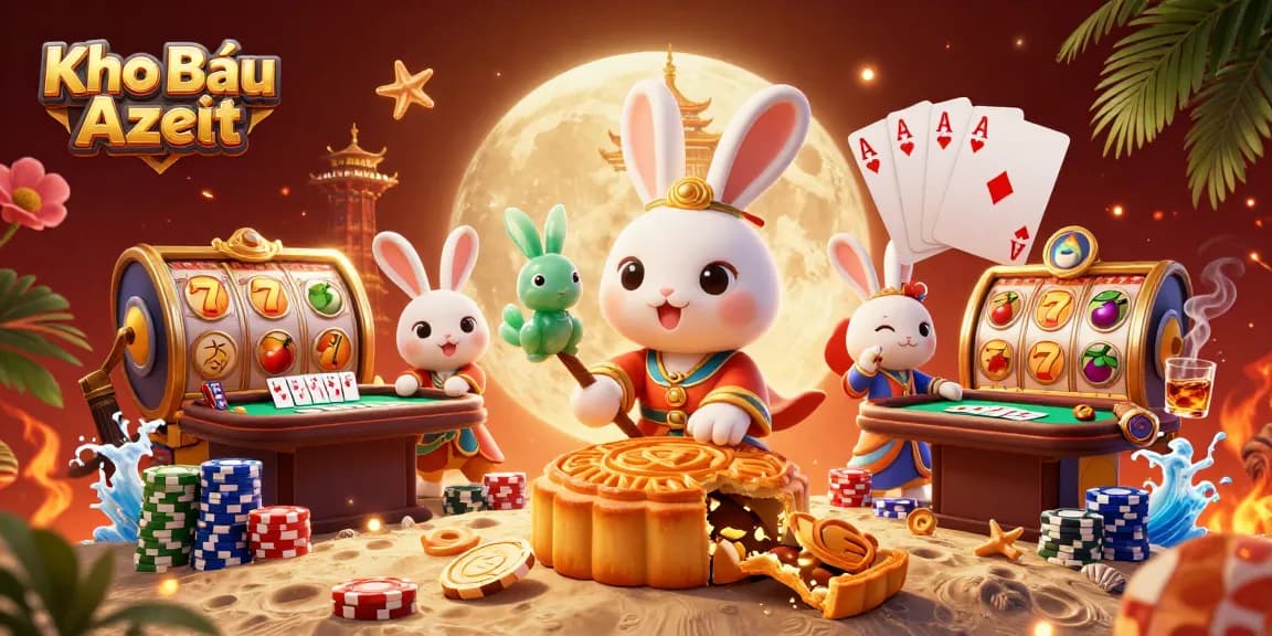 Win big with Kho Báu Aztec featuring rabbit characters and slot elements in a vibrant casino scene.