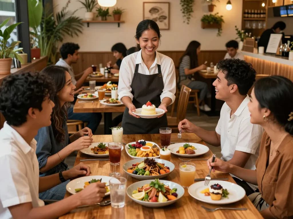 Enjoying a vibrant dining experience at POKERSERI with friends, colorful dishes and warm atmosphere