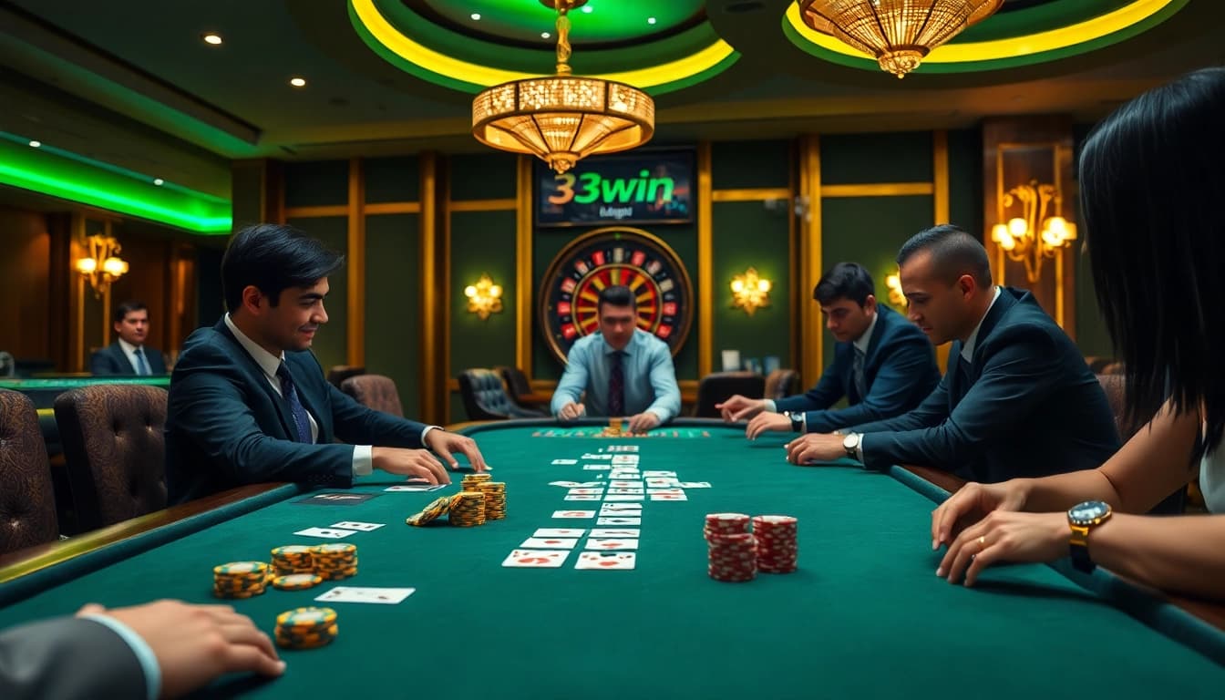 Players enjoying a thrilling game at 33win casino with colorful chips and cards.
