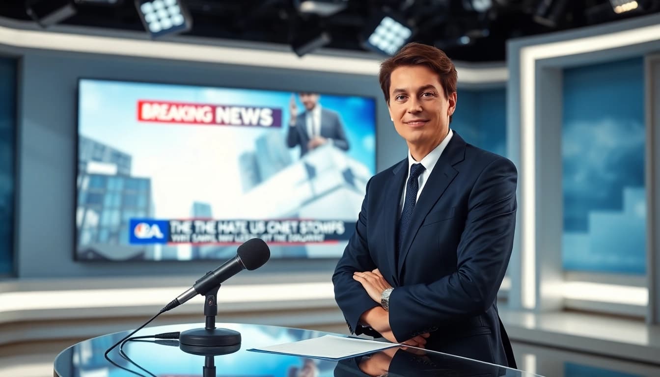 Engaging news anchor presenting the latest news in a professional studio environment.