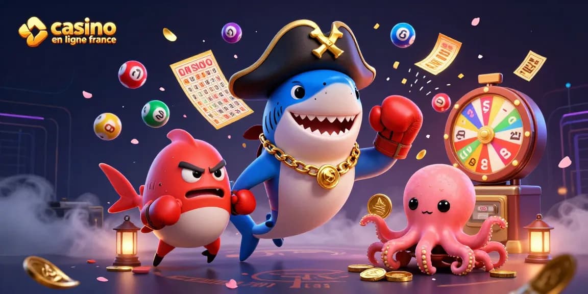 Illustration dynamique de casino en ligne France avec un requin pirate et des jeux de loterie colorés.