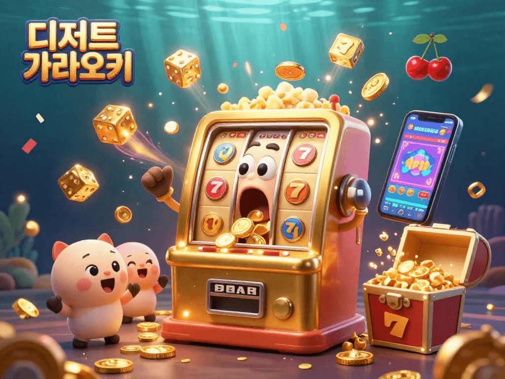 디저트 가라오케의 황금 슬롯 기계가 잭팟을 터뜨리며 쏟아지는 동전으로 놀라는 장면