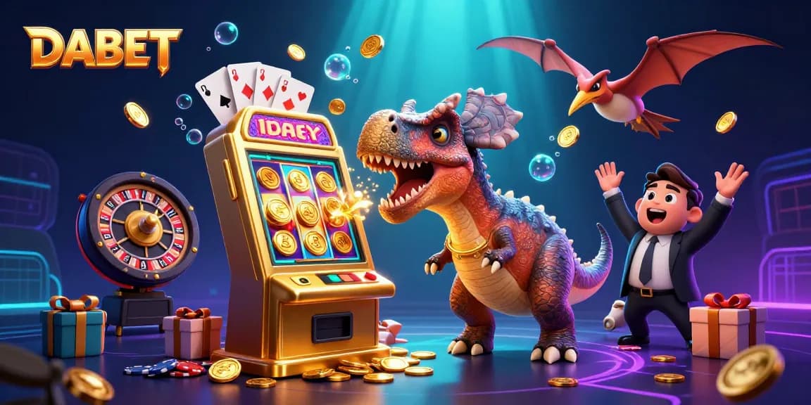 DABET attracts players in a thrilling casino scene with a dinosaur headbutting a jackpot slot machine.