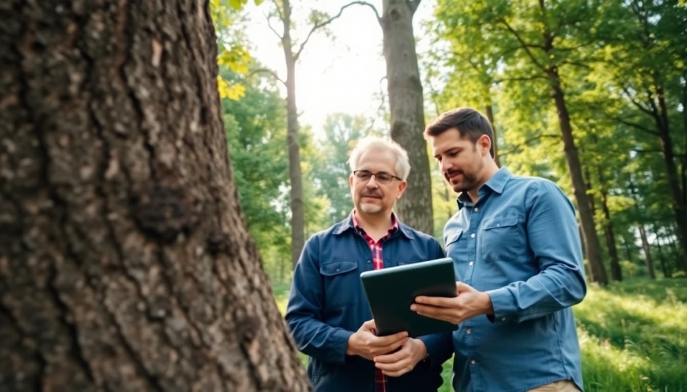 Black Mountain Tree Consultancy team analyzing tree health in a professional, lush setting.