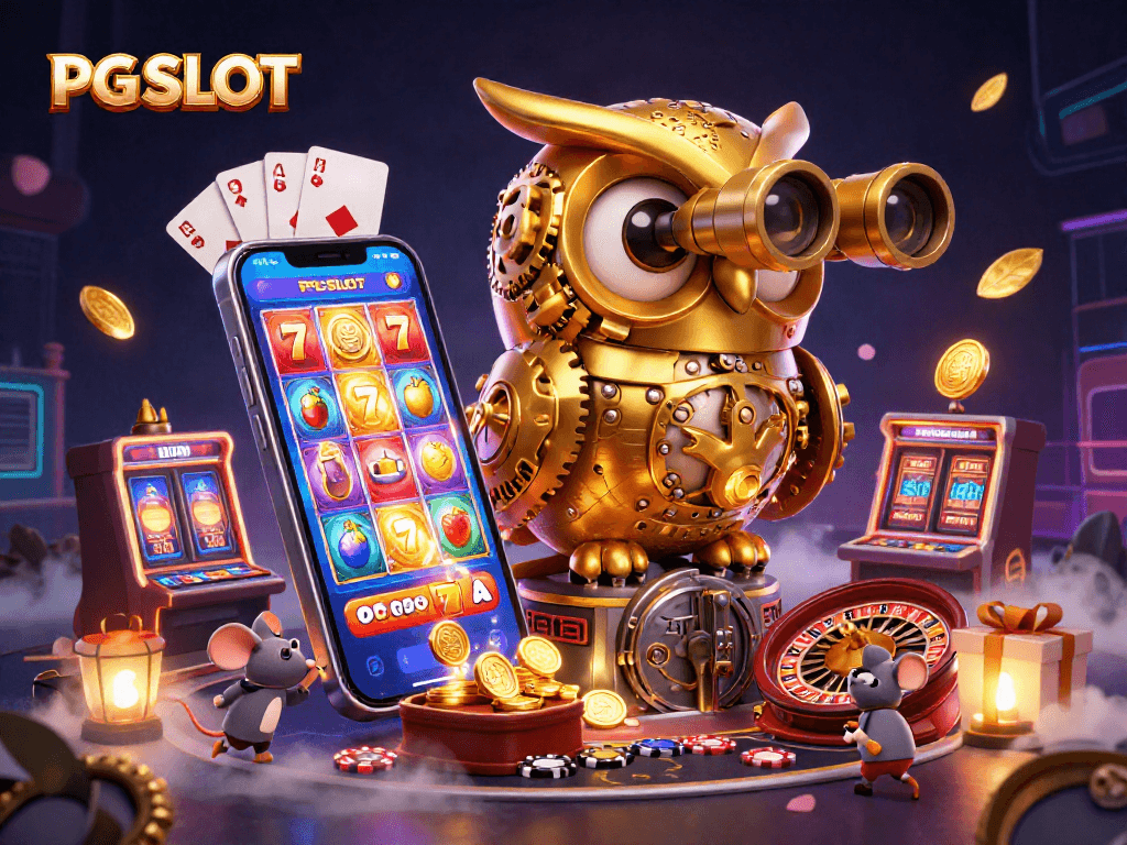 Engage with PG SLOT's thrilling atmosphere featuring a golden owl and animated mice in a vibrant casino scene.
